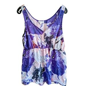 Women's Top Sz 2X Babydoll Silky Purple Artsy Watercolor Floral Coquette Dainty